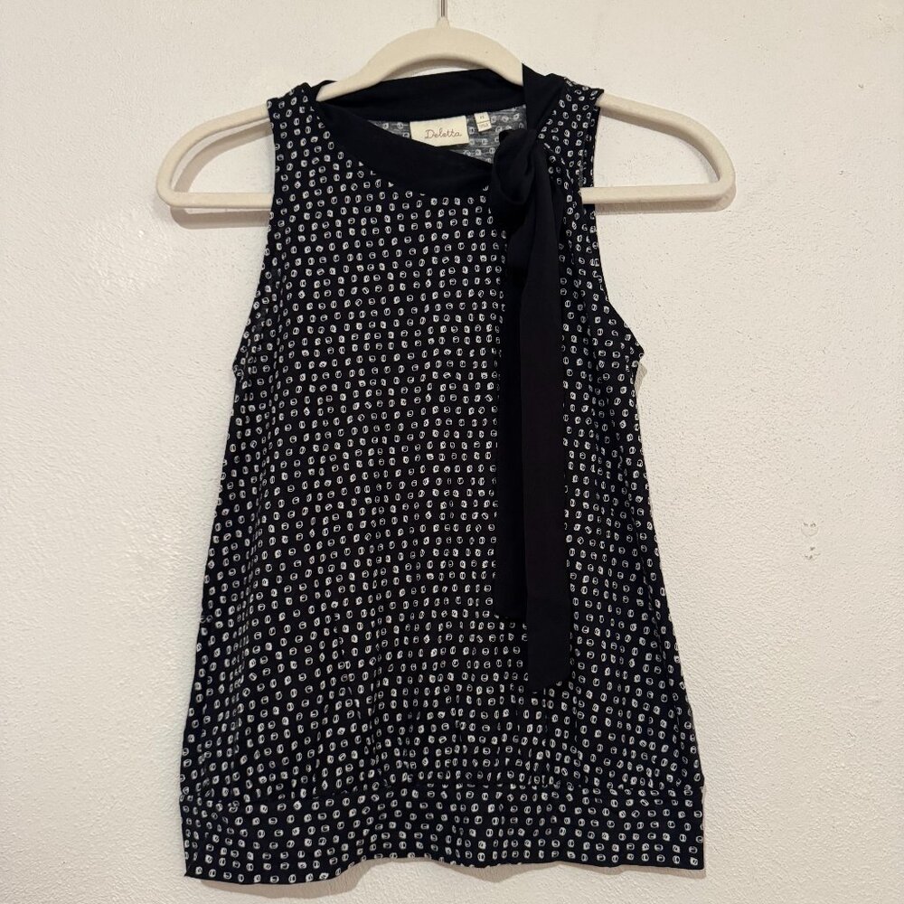 Deletta Black & White Polka Dot Tie-Neck Tank Top – Size XS